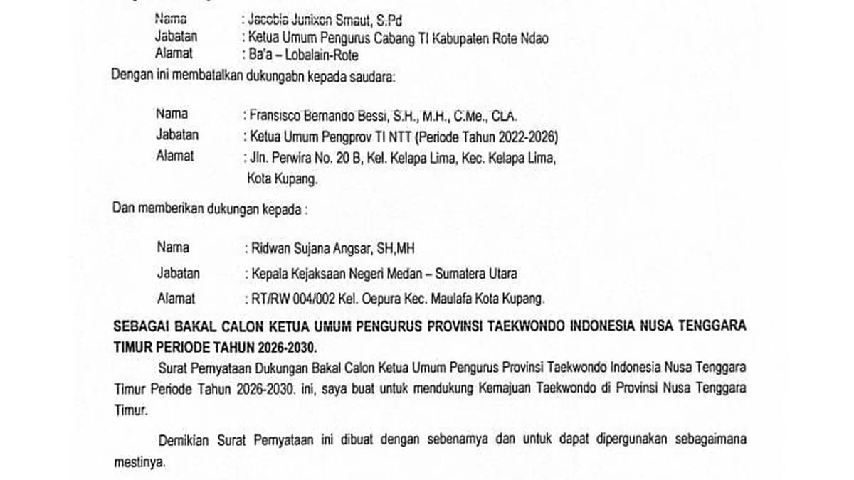 Pengcab TI Rote Ndao Cabut Dukungan dari Fransisco Bessi, Alihkan ke Ridwan Angsar untuk Bursa Ketua TI NTT 2026-2030