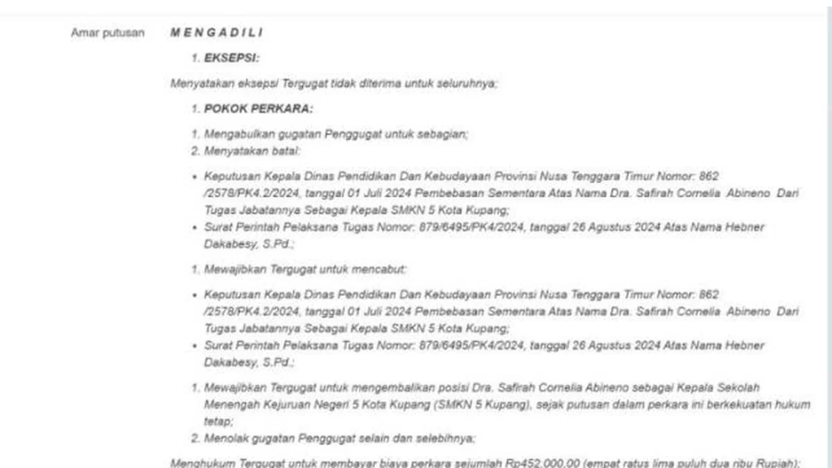 PTUN Kupang Batalkan Dua SK Disdik NTT, Safirah Abineno Dipulihkan Jadi Kepala SMKN 5